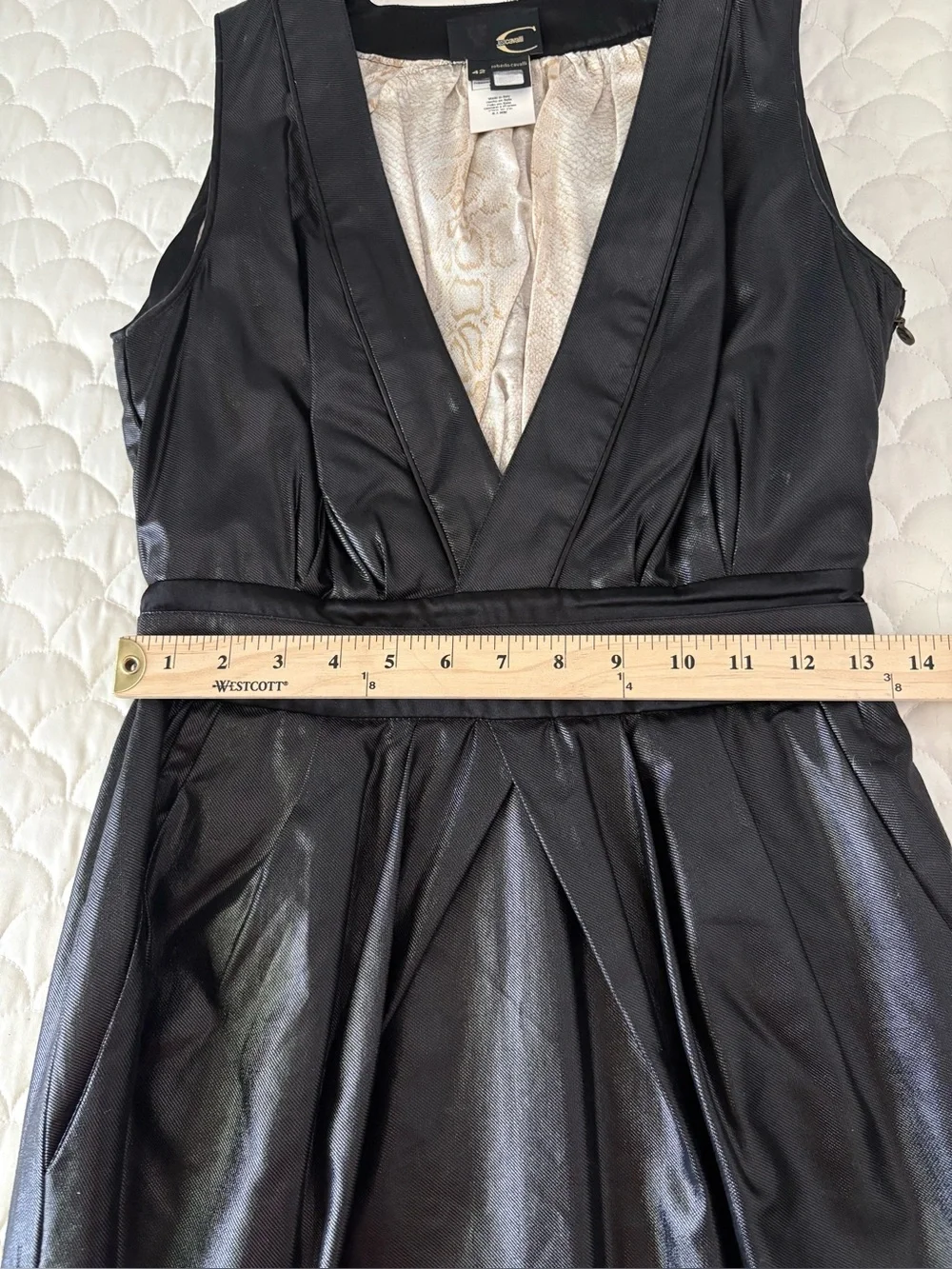 Just Cavalli Coated Black Plunge V-Neck Dress IT 42 US 6 Animal Print Lining EUC